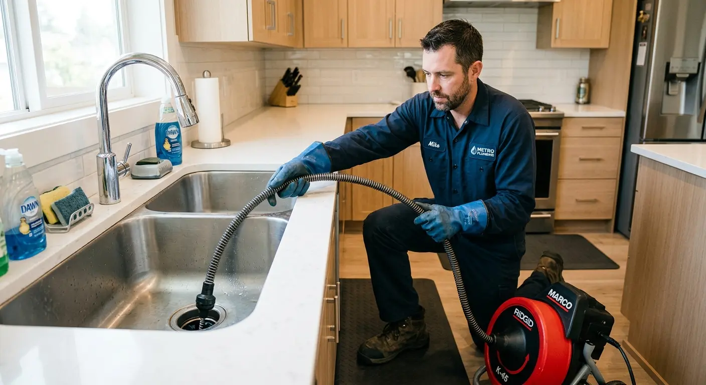 Drain cleaning technician using a motorized snake on a kitchen sink in Murraysville