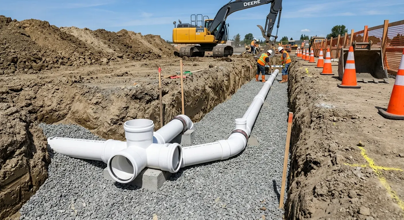 New PVC sewer pipe installation in open trench for Sewer Backup in Murraysville