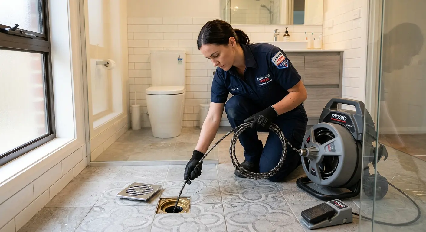 Technician clearing a bathroom floor drain for Drain Cleaning in Murraysville